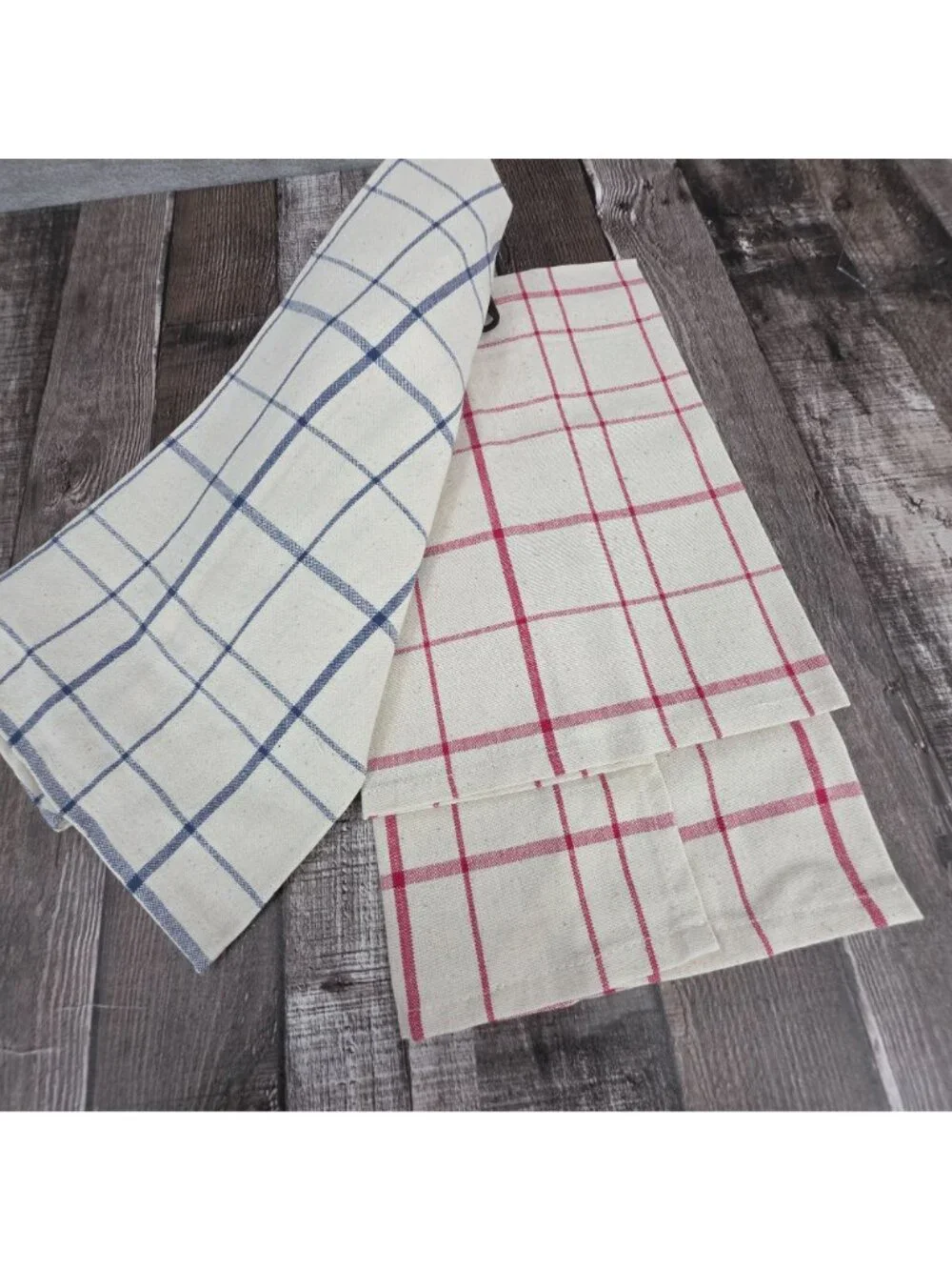 Foreside Riley Plaid Tea Towels 2 Piece Cream Red Blue Cotton Boho Farmhouse New